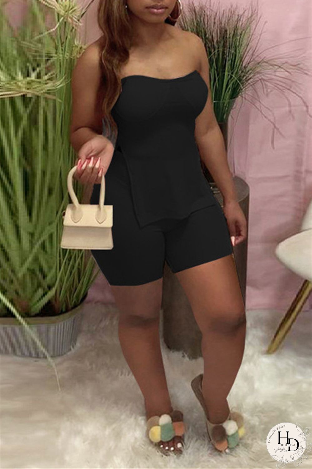 Coral Powder Sexy Casual Solid Backless Slit Strapless Sleeveless Two Pieces