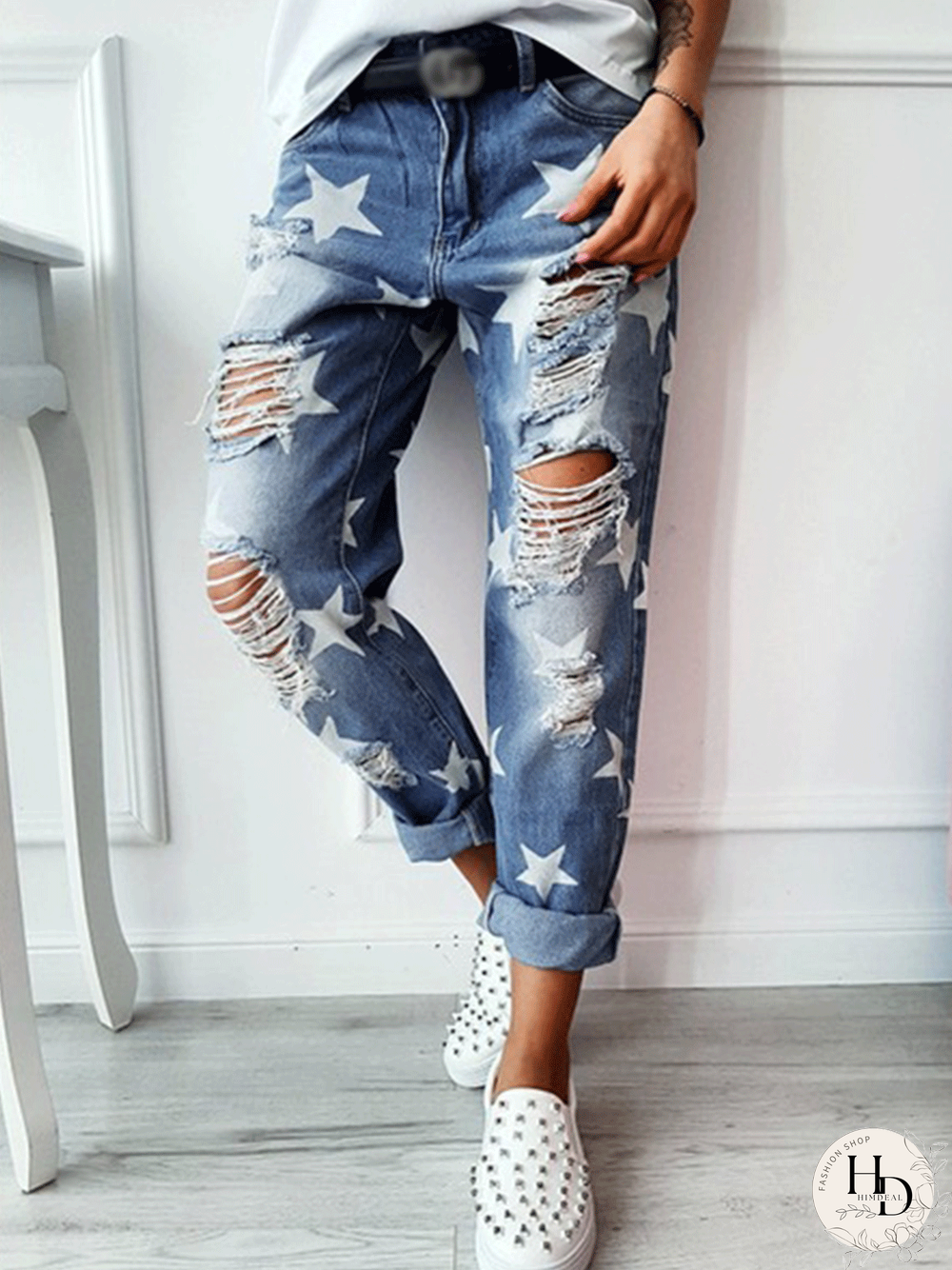 Casual Plus Size Star Ripped Distressed Denim Jeans Jeans