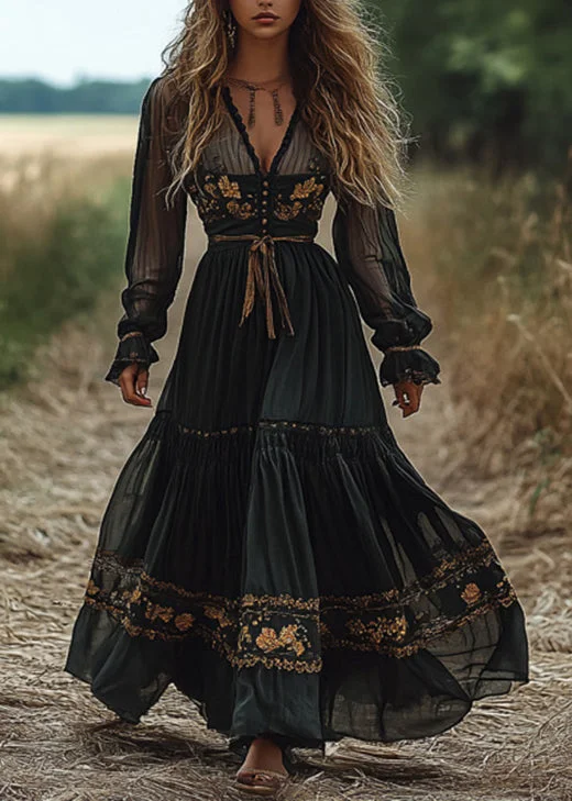 Bohemian Blackish Green V Neck Wrinkled Patchwork Cotton Long Dress Fall