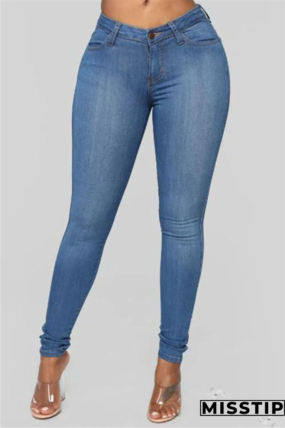 Deep Blue Fashion Casual Solid Basic High Waist Skinny Denim Jeans