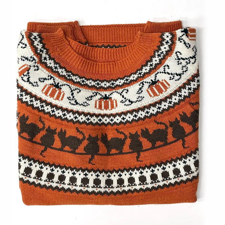 Fall Black Cat Pumpkin Halloween Printed Women's Sweater