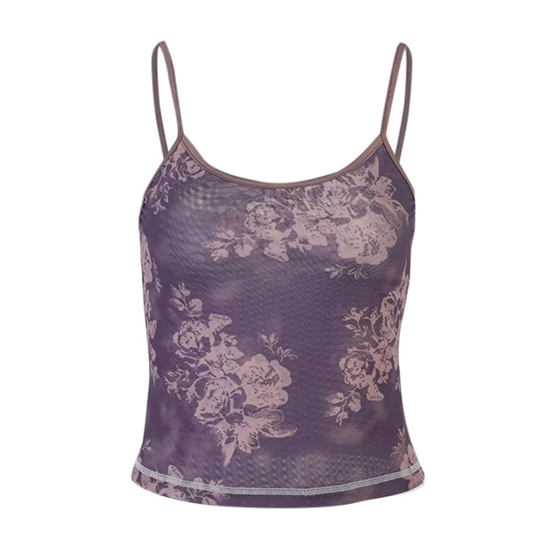 Jangj Vintage 90s Floral Pattern Purple Crop Tops Y2K Aesthetics Summer Sweet Fashion women Straped Backless Mesh Cami Cute Sleeveless