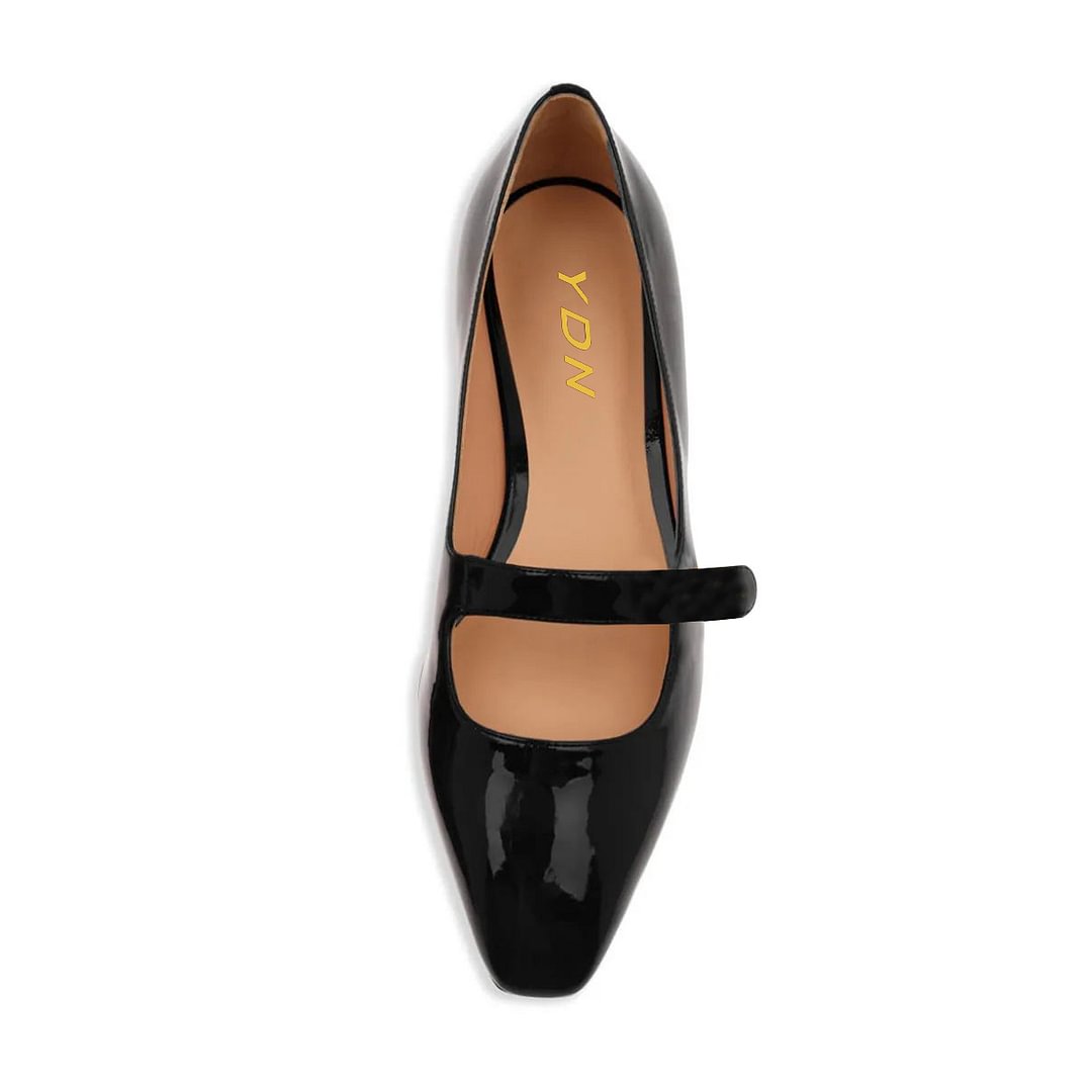 Black Patent Leather Square Toe Flat Mary Jane Pumps with Strap
