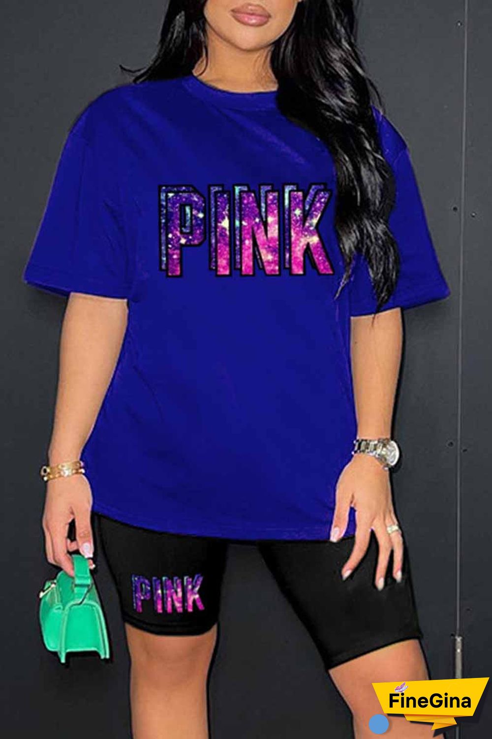 Blue Casual Print Letter O Neck Short Sleeve Two Pieces