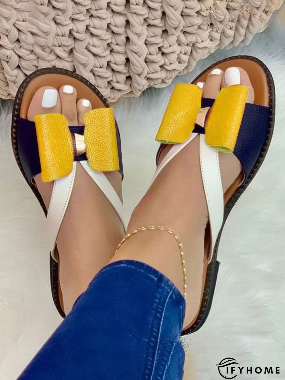 Contrast Paneled Bow Flat Slippers | IFYHOME