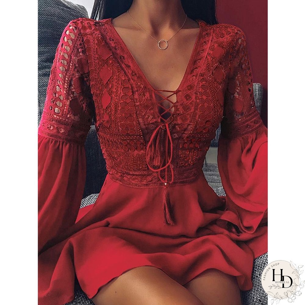 Womens Lace Stitching Lace Up Mini Dress Lantern Long Sleeve V Neck Evening Party Casual Loose Elegant A Line Dress Plus Size