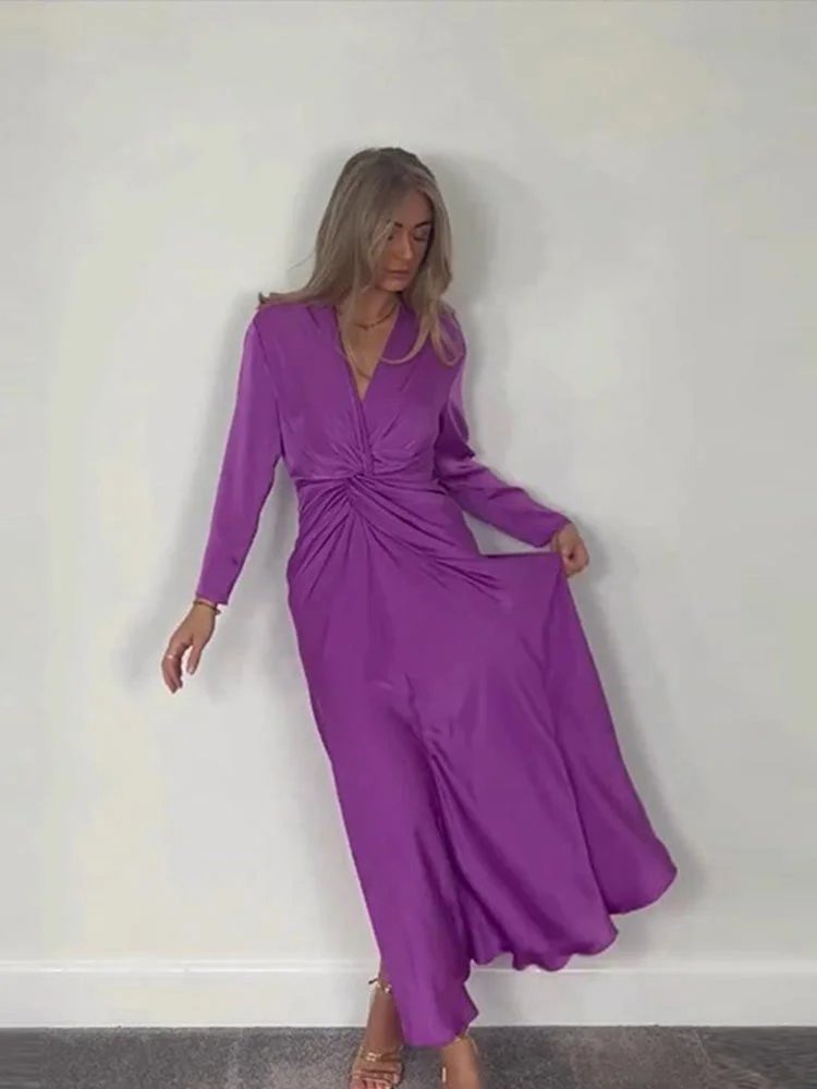 Huibahe Pleated Women's Maxi Dress Solid Long Sleeve V Neck Midi Dresses 2023 Spring Casual Office Lady Party Evening Vestidos
