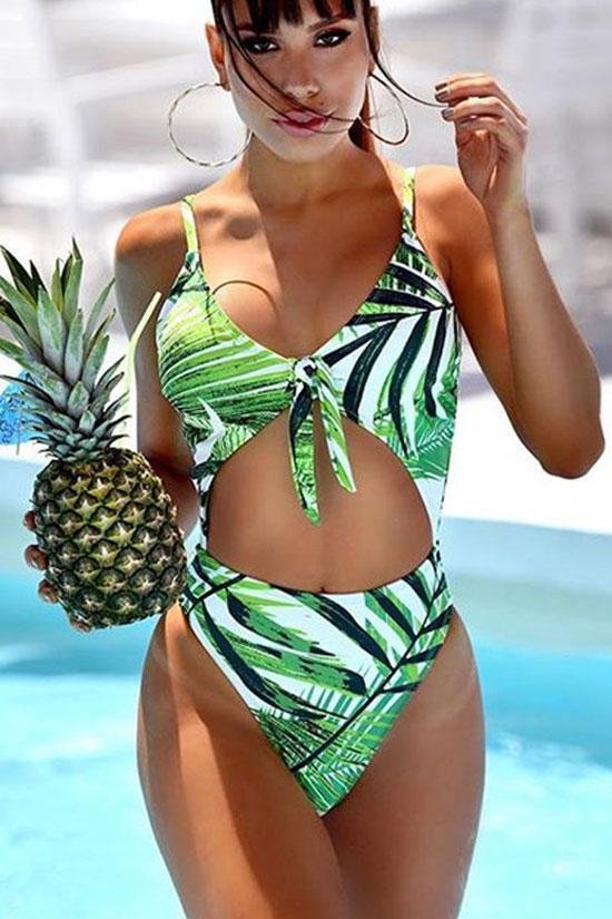 High Leg Palm Leaf Cutout Knotted One Piece Swimsuit - Shop Trendy Women's Clothing | LoverChic