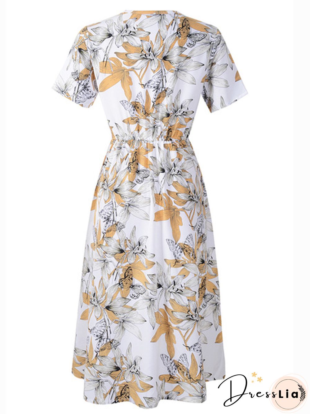 Floral Print V-Neck Half Elastic Waist Dress