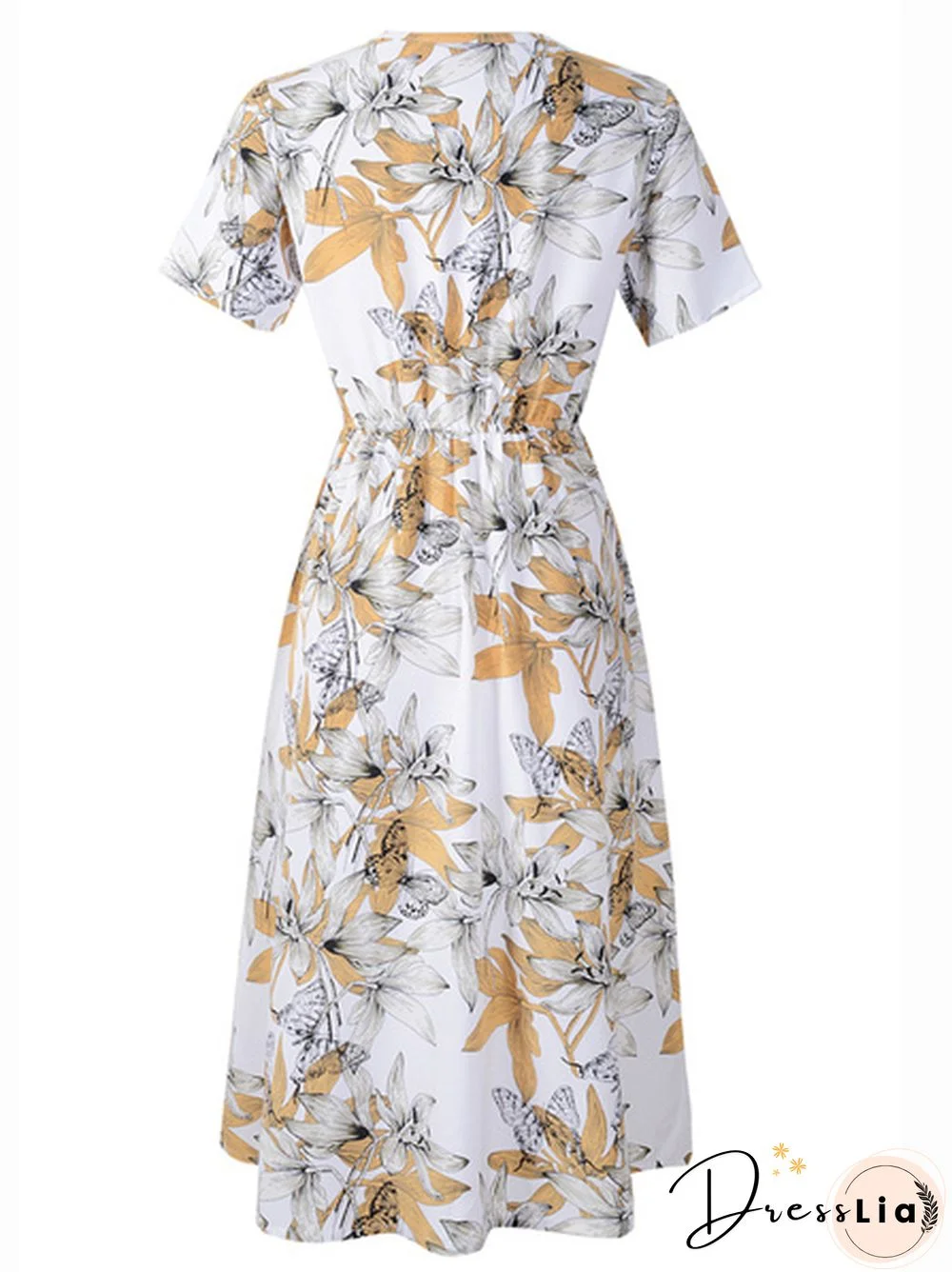 Floral Print V-Neck Half Elastic Waist Dress
