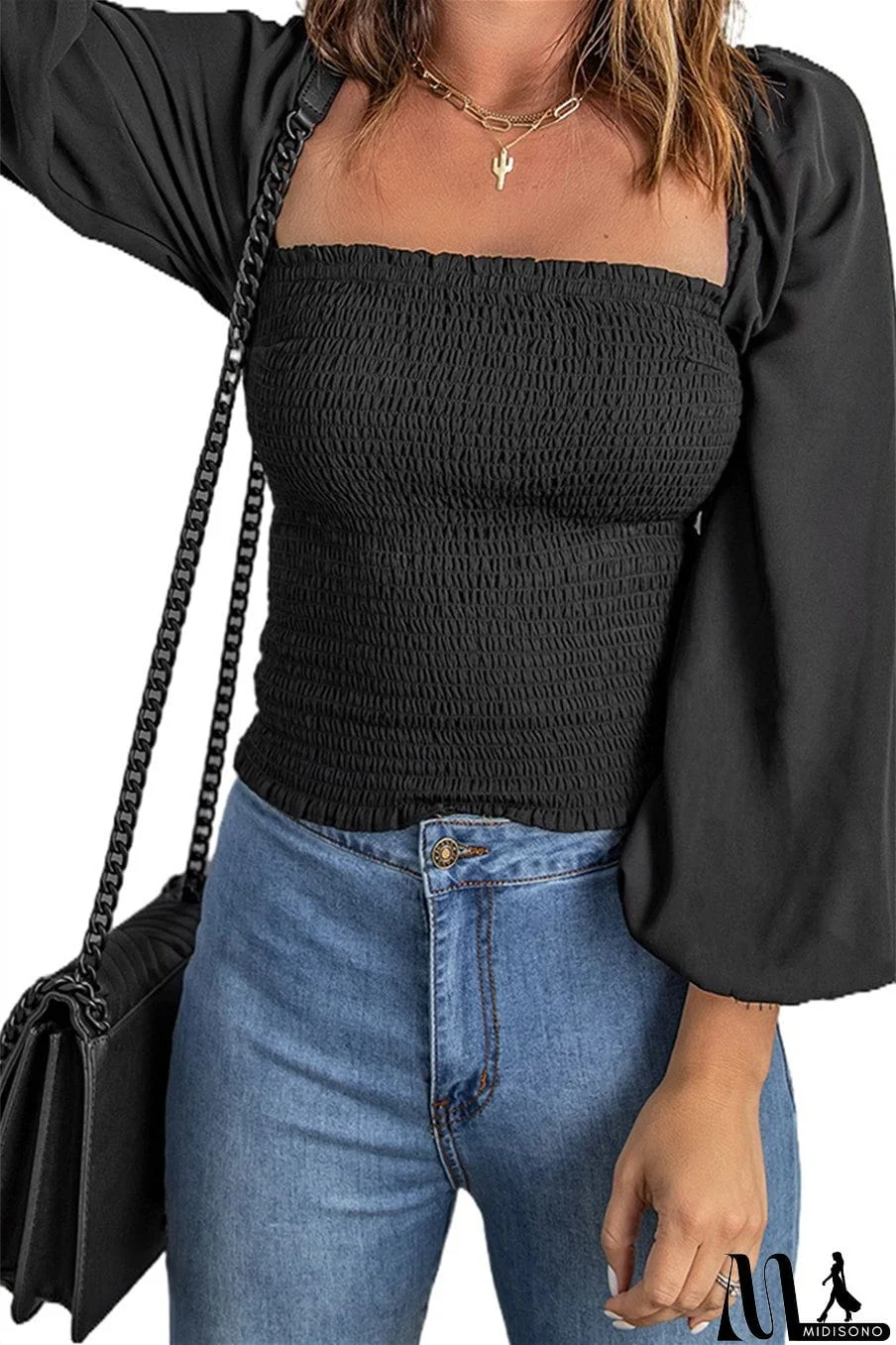 MidiSono - Black Puff Sleeve Smocked Top