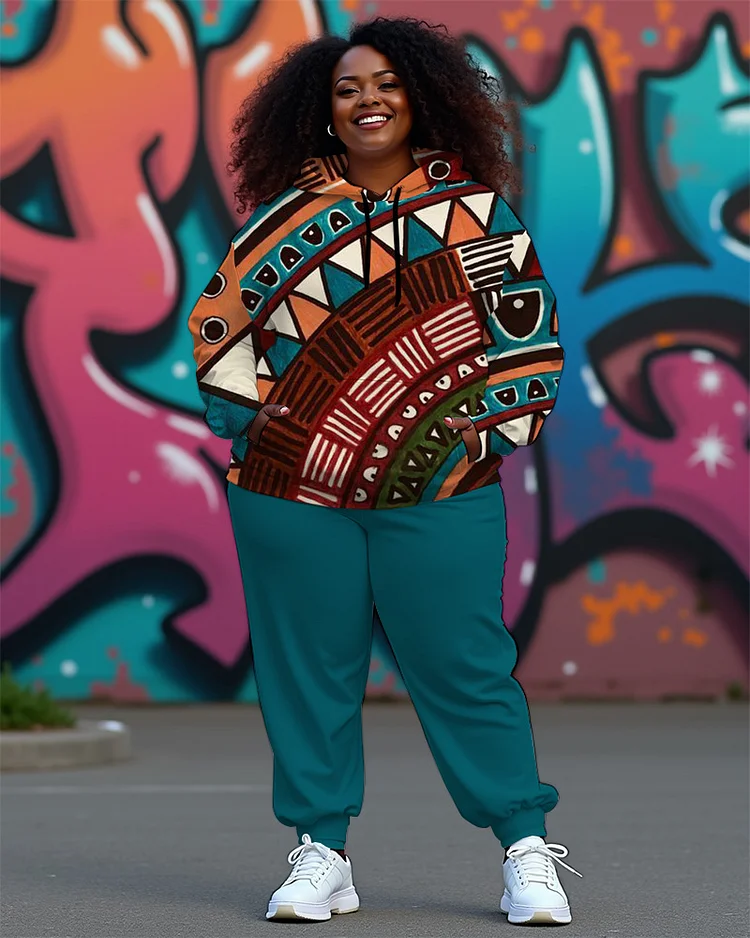 Women's Plus Size Ethnic Print Hoodie and Casual Pants Set