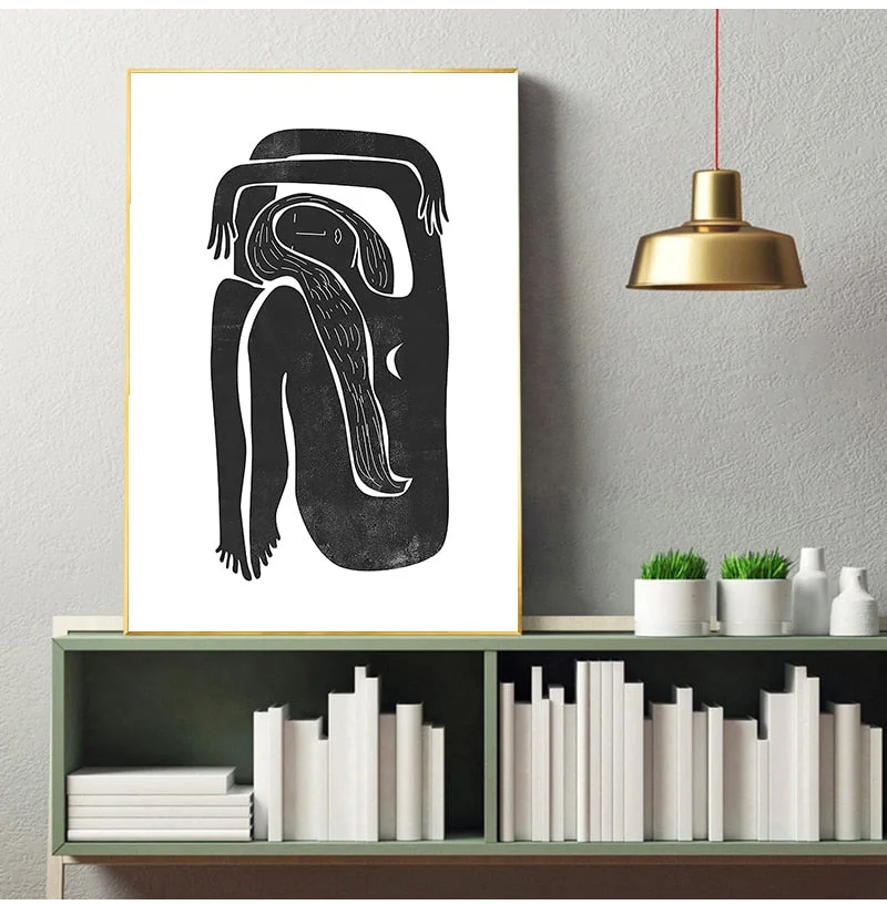 Black and White Minimalist Female Portrait Painting Mid century Moon Posters Boho Art Print Canvas Picture Home Wall Art Decor