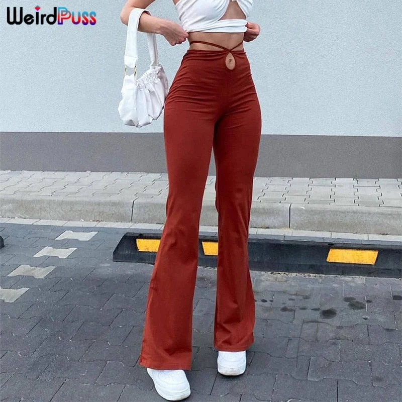 Weird Puss Casual Bandage Women Y2K Flare Pants Skinny Belly Button High Waist Trousers Stretch Wild Streetwear Autumn Bottoms