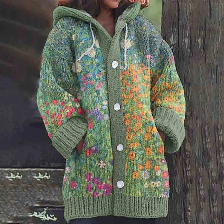 Utbros Oil Painting Art Warm Cozy Hooded Cardigan