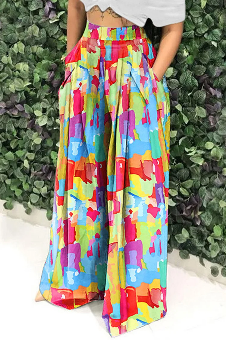 Plus Size Multicolor Daily Loose All Over Print Wide Leg Pants