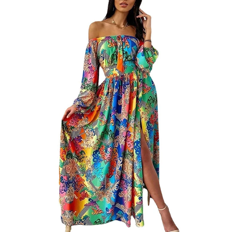 Uveng Uveng New Evening Dress Print Dress V Collar Retro Long Sleeves Open Fork Dress