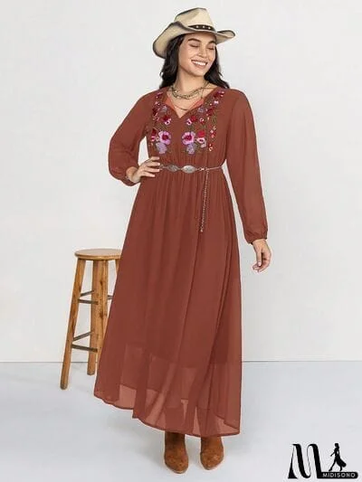 Plus Size Embroidered Tie Neck Long Sleeve Dress