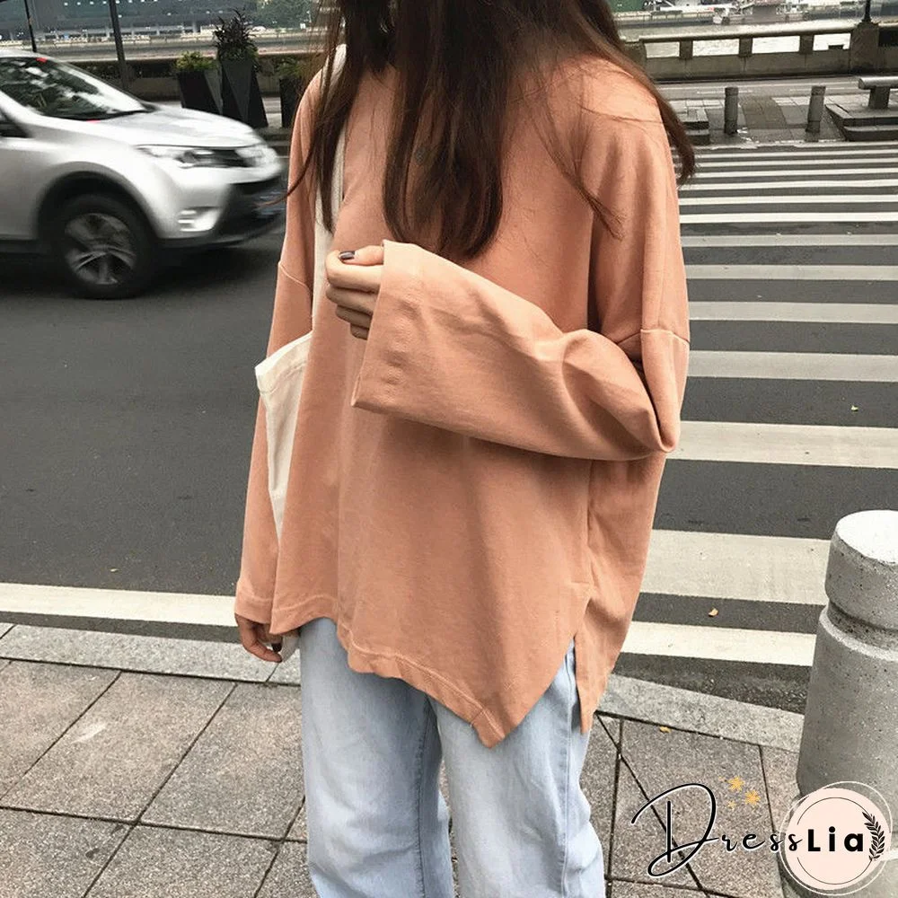T-Shirts Long Sleeve Solid Tees O-Neck Slit Side Popular 2Xl Loose Lazy Daily All-Match Kpop Womens Ulzzang Ins Hipster Basic