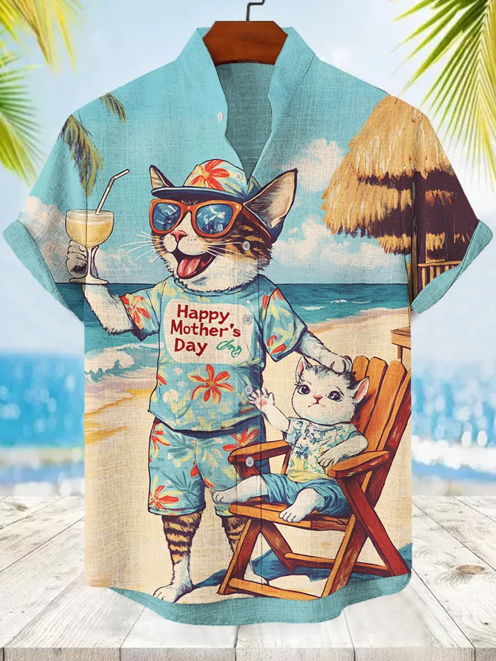 Men's Cat Vacationing By The Seaside To Celebrate Happy Mother's Day Print Casual Shirt