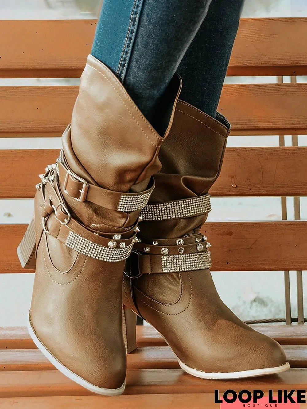 Rhinestone Rivets Chunky Heel  Slouchy Boots with Buckle Strap