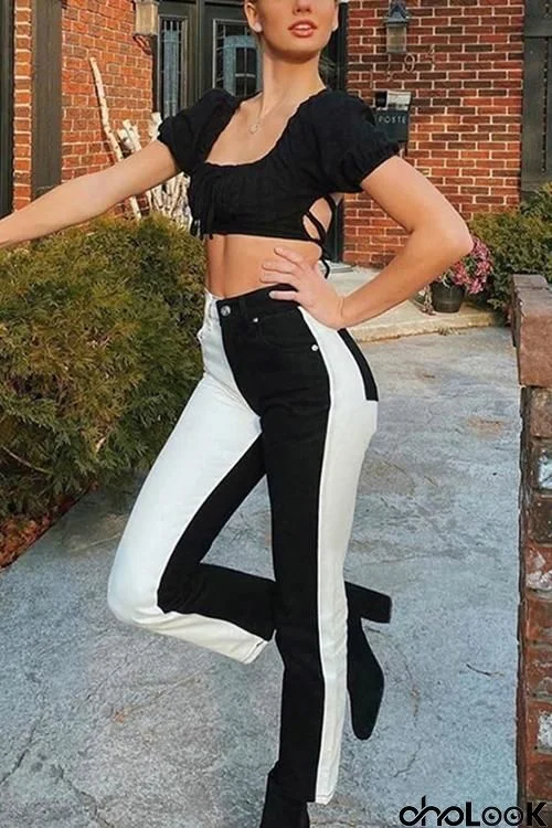 Black White Colour Block Straight Jeans