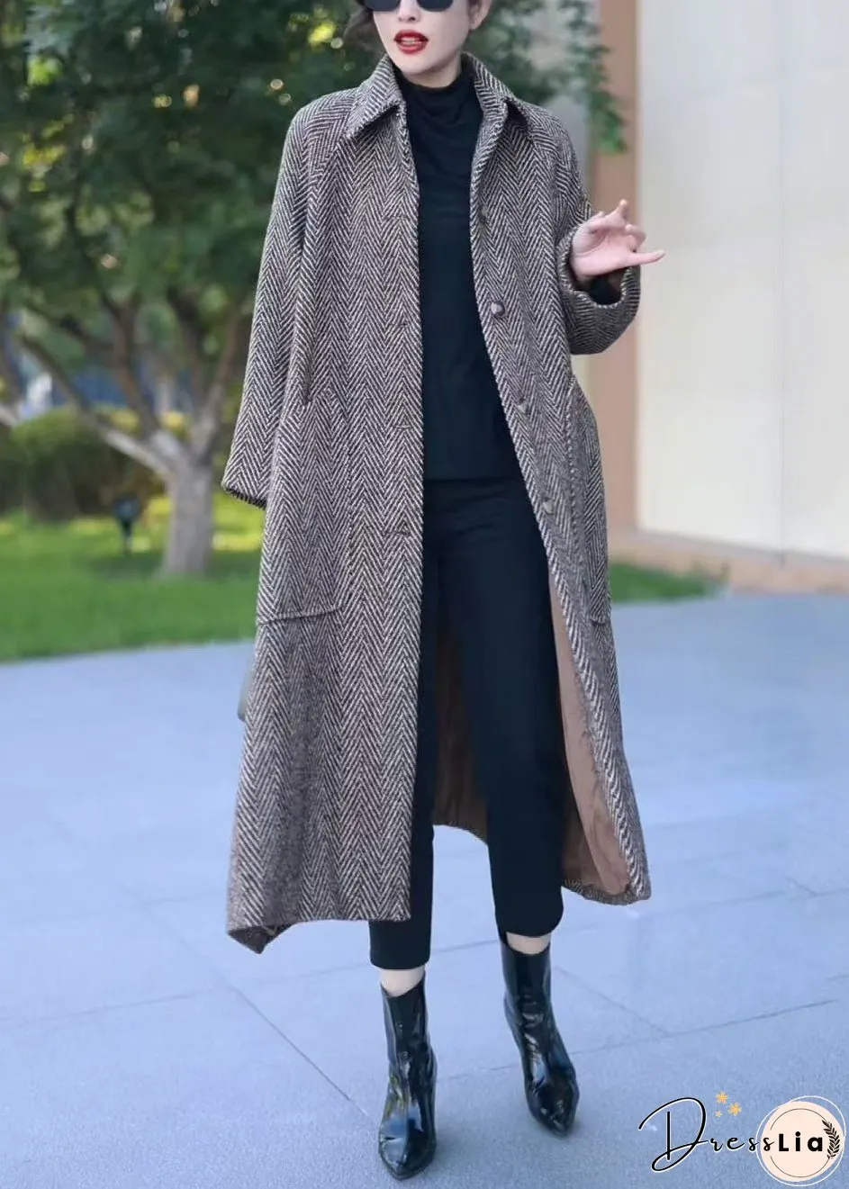 Loose Grey Button Pockets Thick Woolen Long Coat Winter