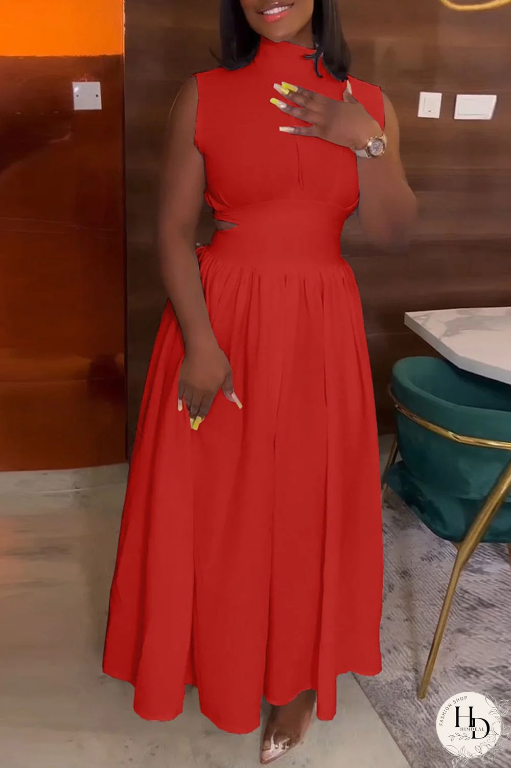 Red Elegant Solid Hollowed Out Patchwork Half A Turtleneck A Line Dresses