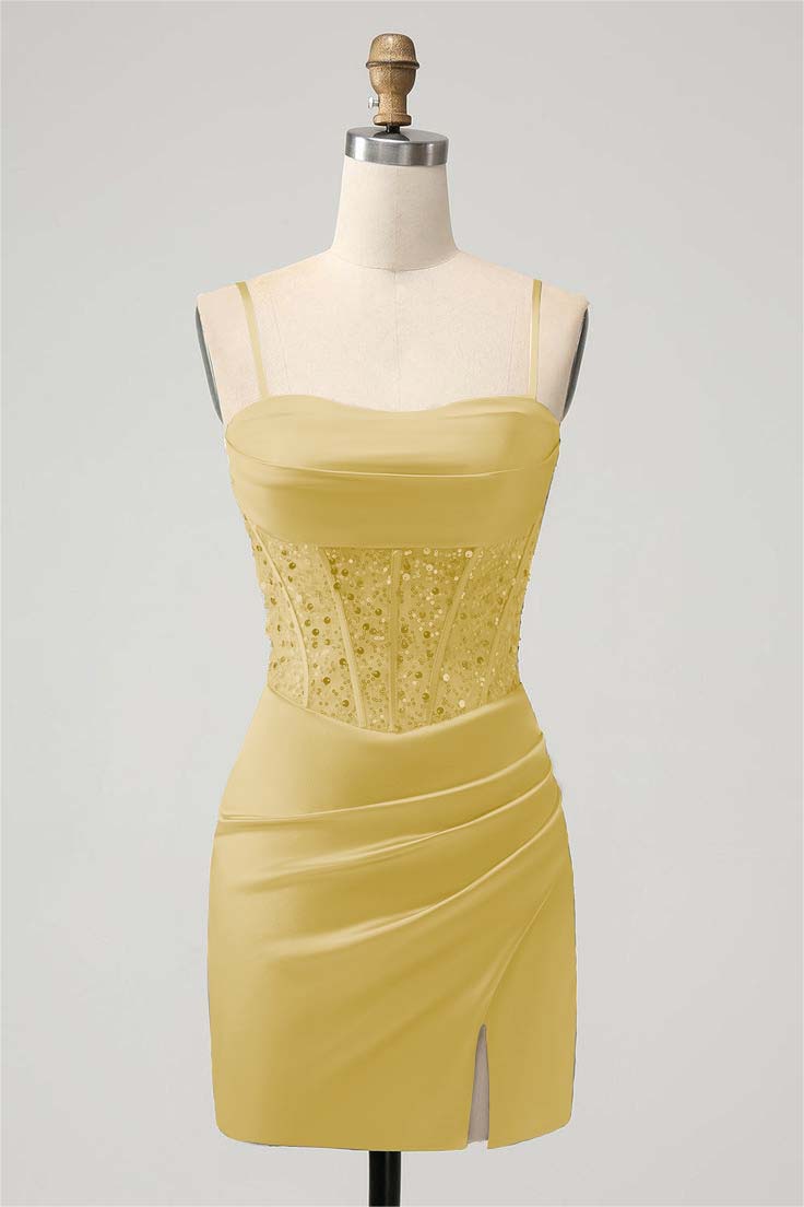  Elegant Sage Green Homecoming Dress Spaghetti Strap Patchwork with Sequins - ohprom