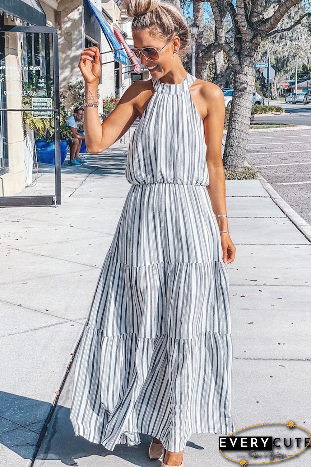 Halter Neck Sleeveless Cutout Tiered Striped Maxi Dress