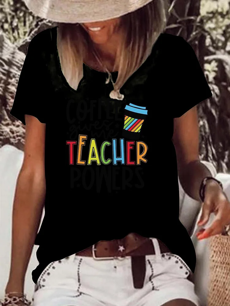 Colorful and Fun Coffee Gives Me Teacher Powers Raw Hem Tee