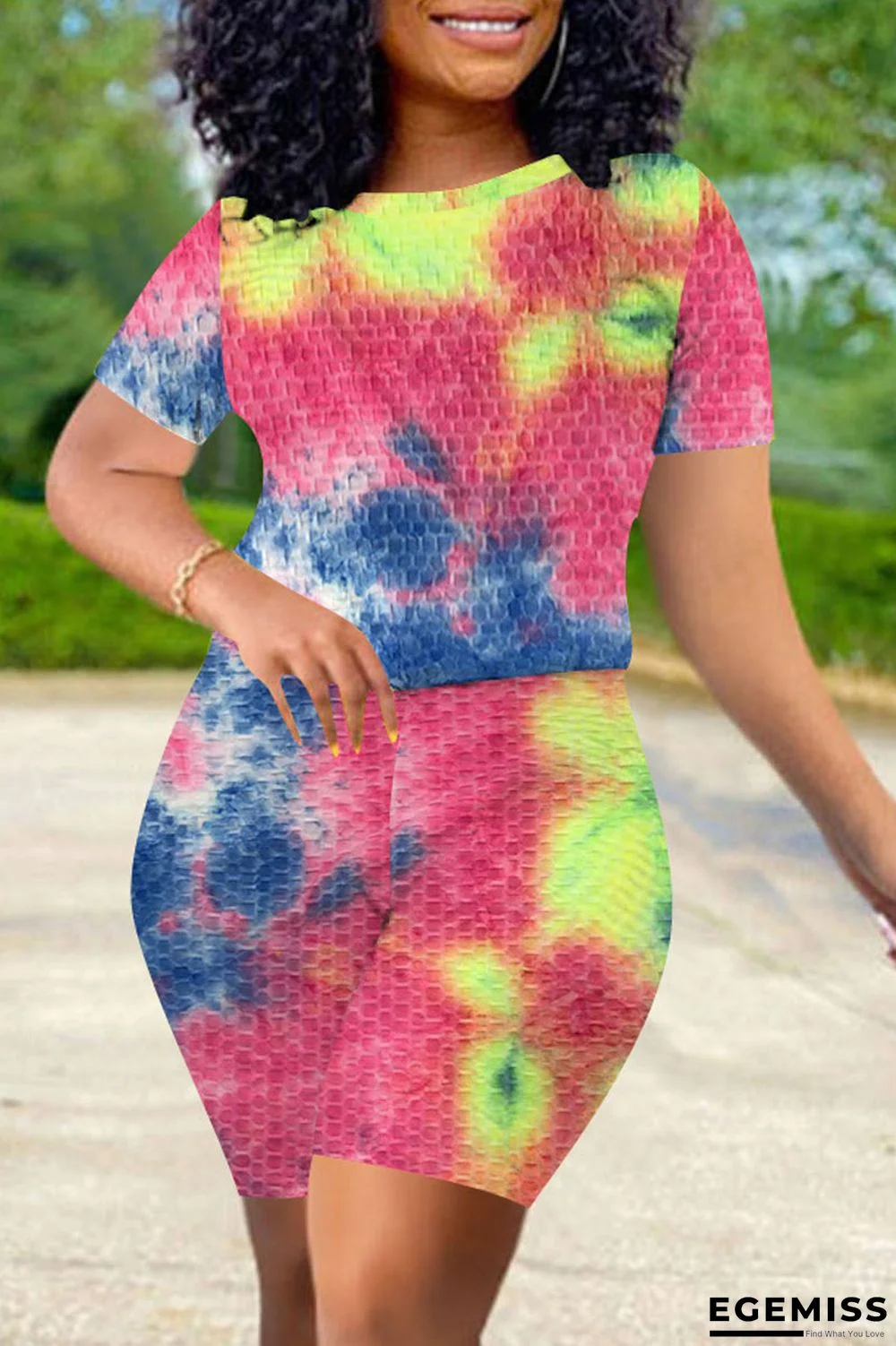 Yellow Pink Casual Print Tie Dye Patchwork O Neck Short Sleeve Two Pieces | EGEMISS