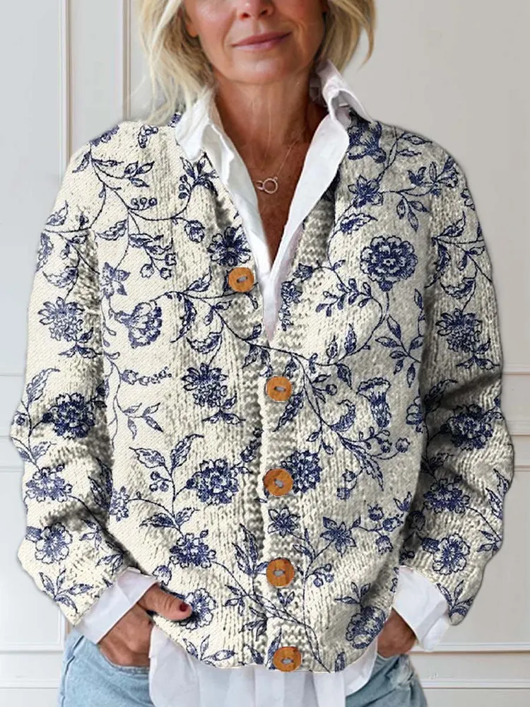 Women's Vintage Floral Art Print Buttoned Cardigan Sweater