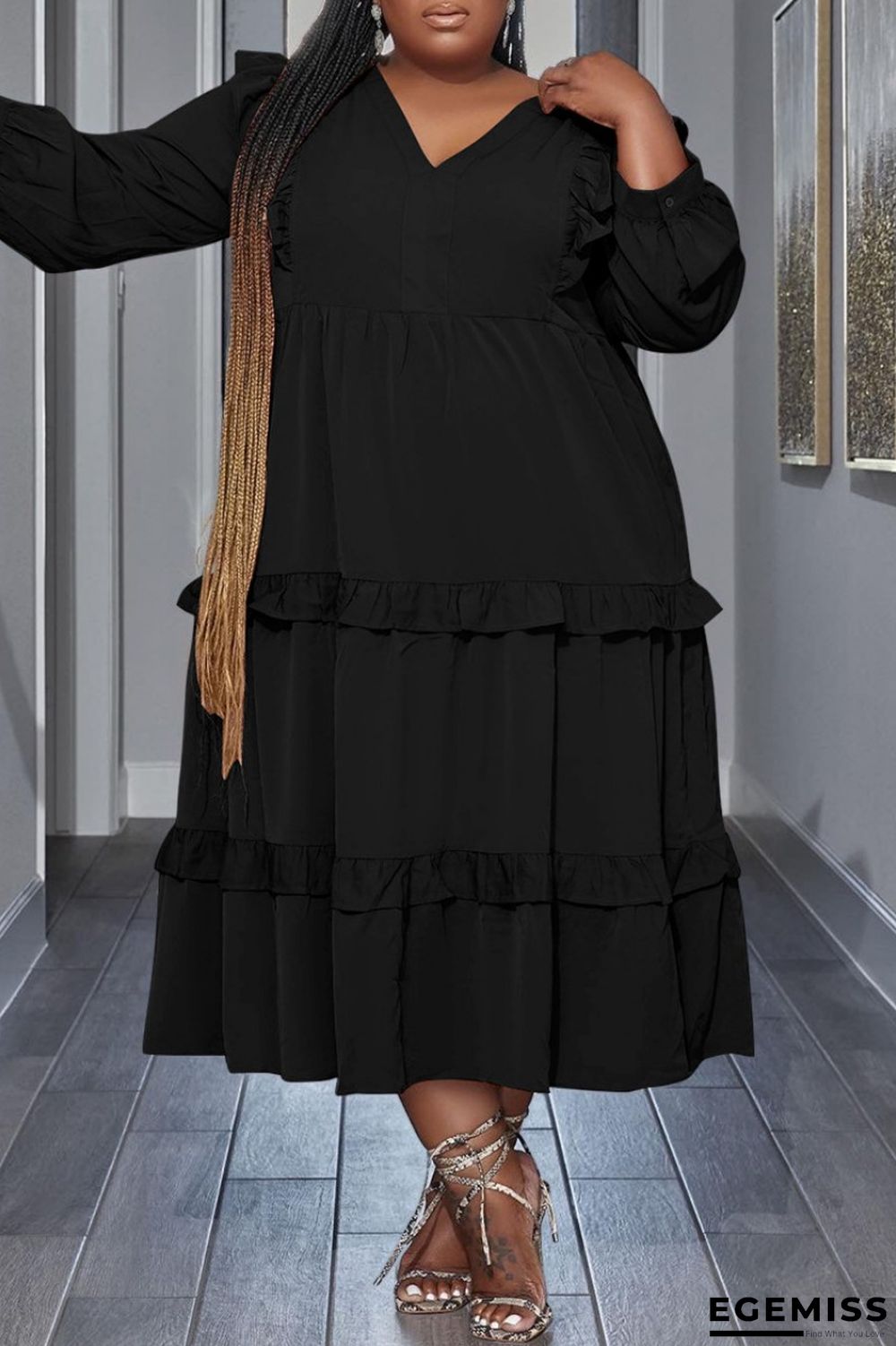 Black Casual Solid Patchwork V Neck Long Sleeve Plus Size Dresses | EGEMISS