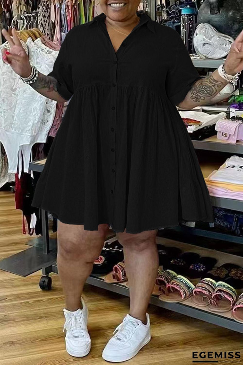 Black Fashion Casual Plus Size Solid Patchwork Turndown Collar Shirt Dress | EGEMISS