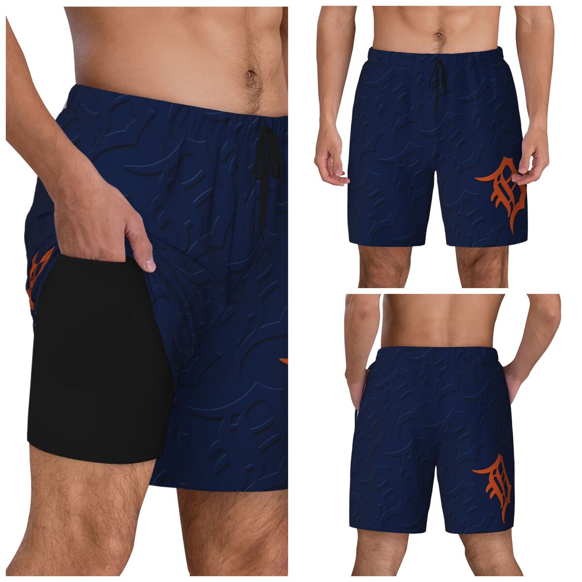 Detroit Tigers Blue Pattern Men's Swim Trunks with Compression Liner