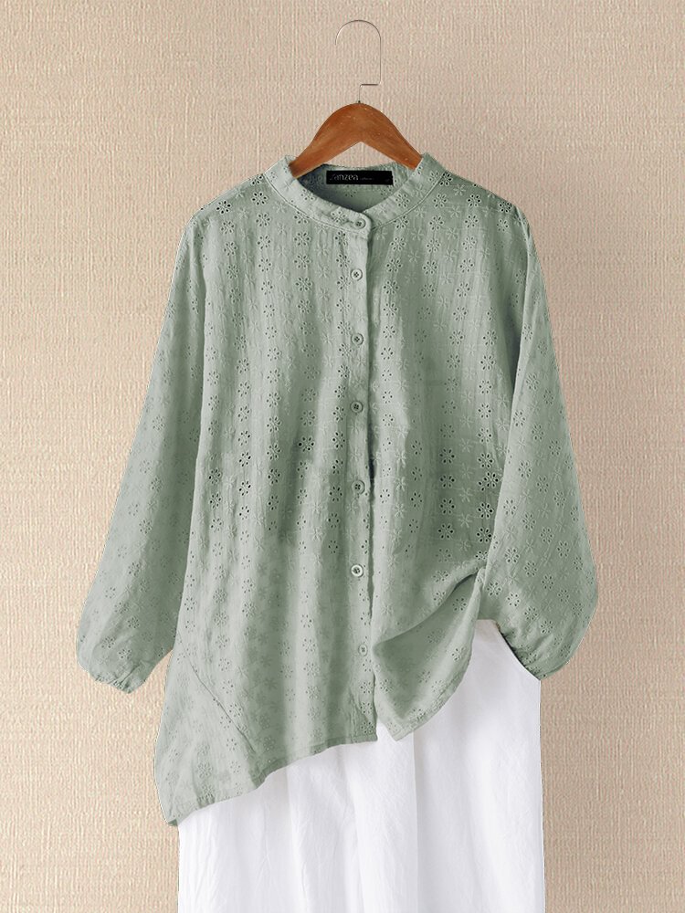 Solid Color Jacquard Hollowed Out Long Sleeve Blouse P1724270