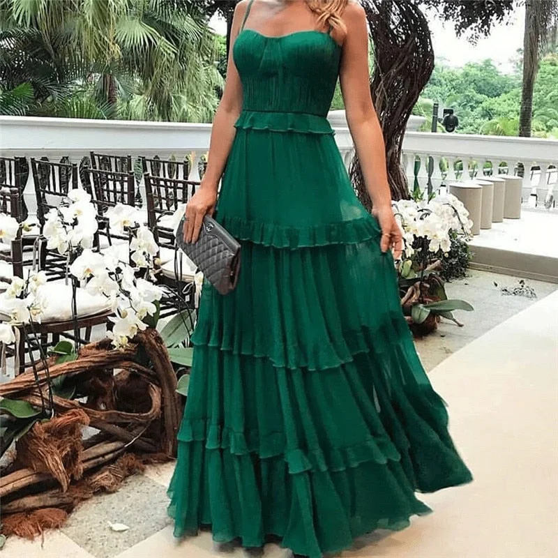 Graduation Gifts Green Tulle Spaghetti Strap Womens Dress Elegant Party Evening Sleeveless  Long Dresses Pleated Ruffles Maxi Summer Dress