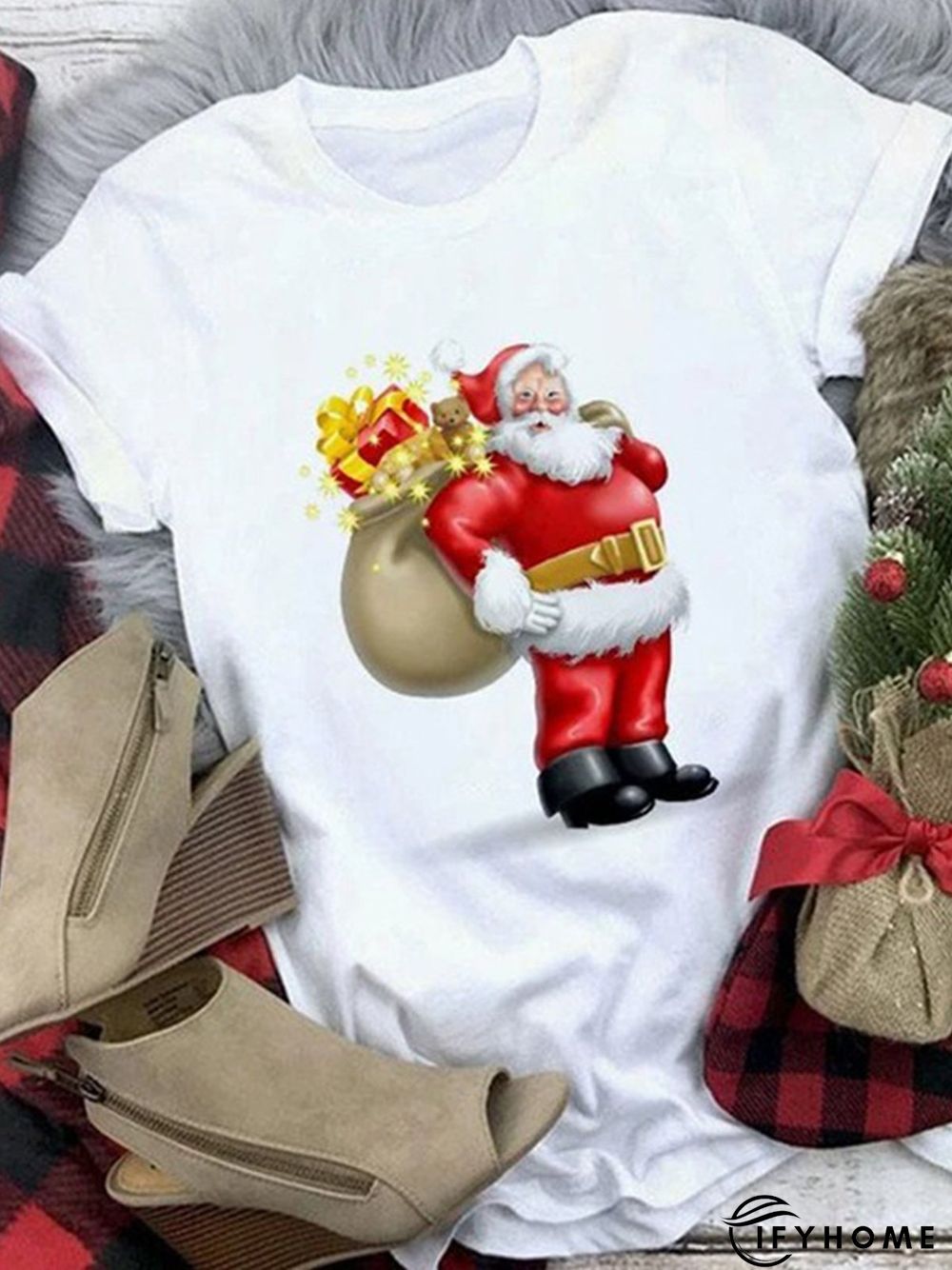 Christmas Loose Crew Neck Cotton Blends Short Sleeve T-Shirt | IFYHOME