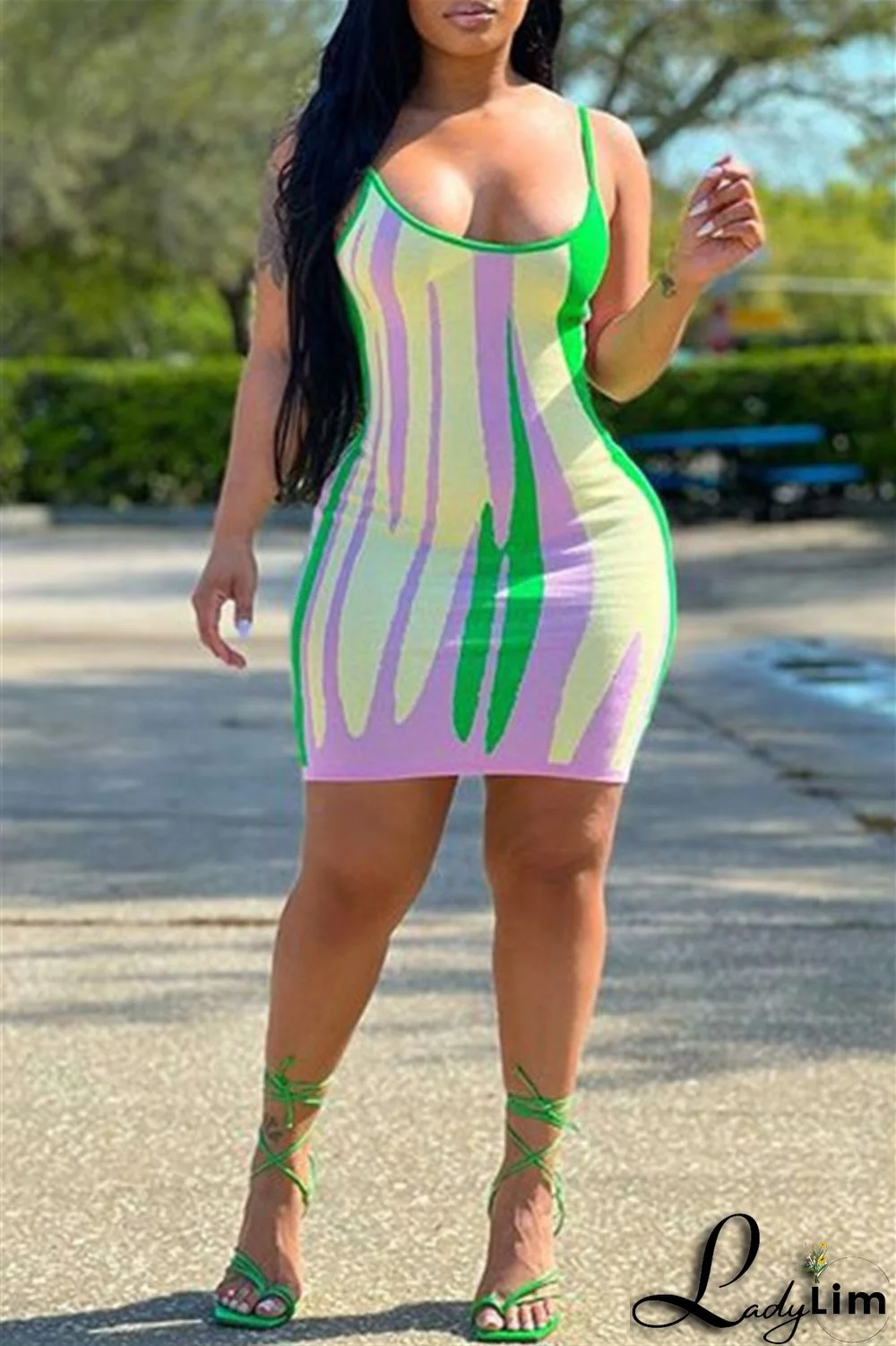 Green Fashion Sexy Print Backless Spaghetti Strap Sleeveless Dress