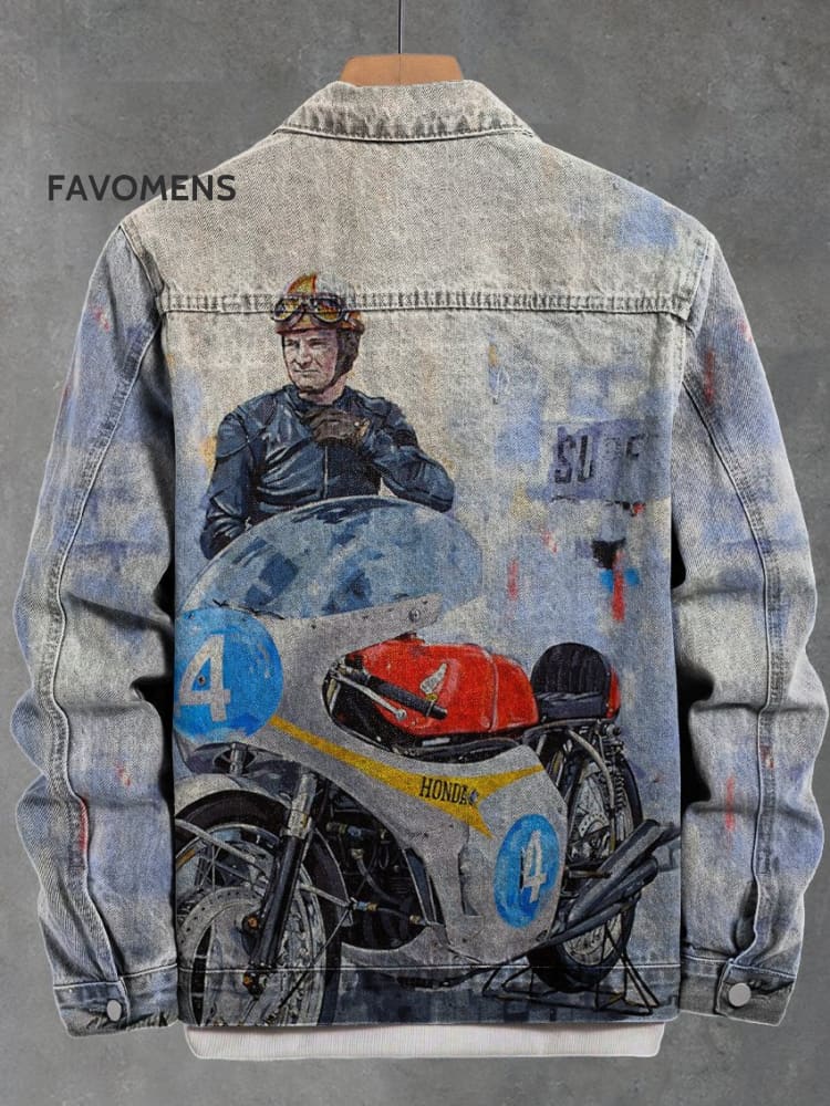 Motorcycle Racing Oil Painting Vintage Print Casual Denim Jacket Multicolor / S