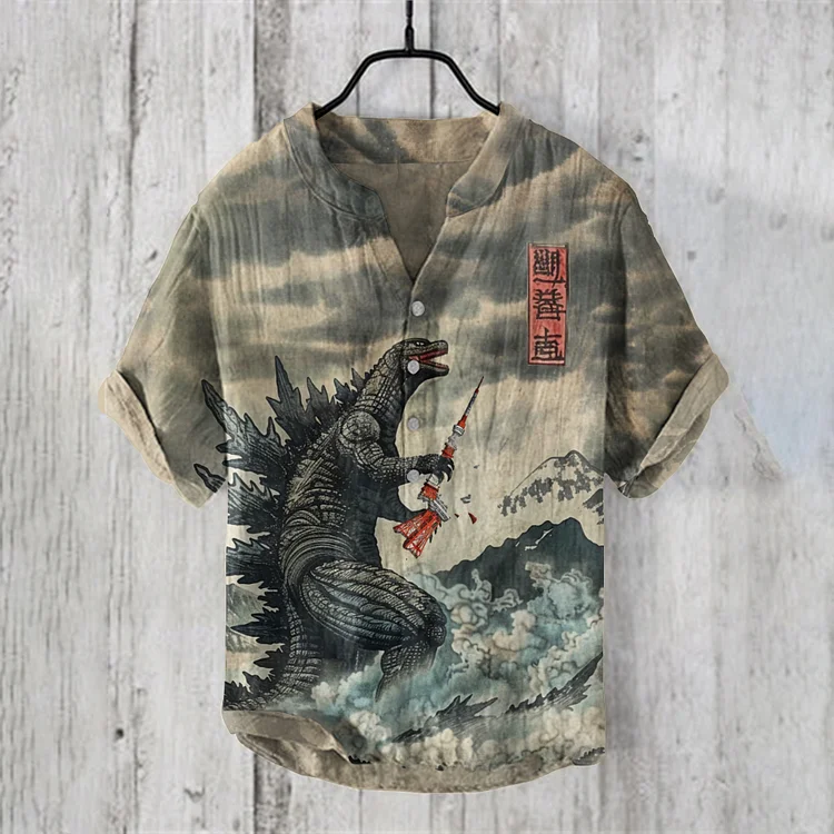 Vintage Godzilla Breaks Tokyo Tower Art  Linen Blend Shirt