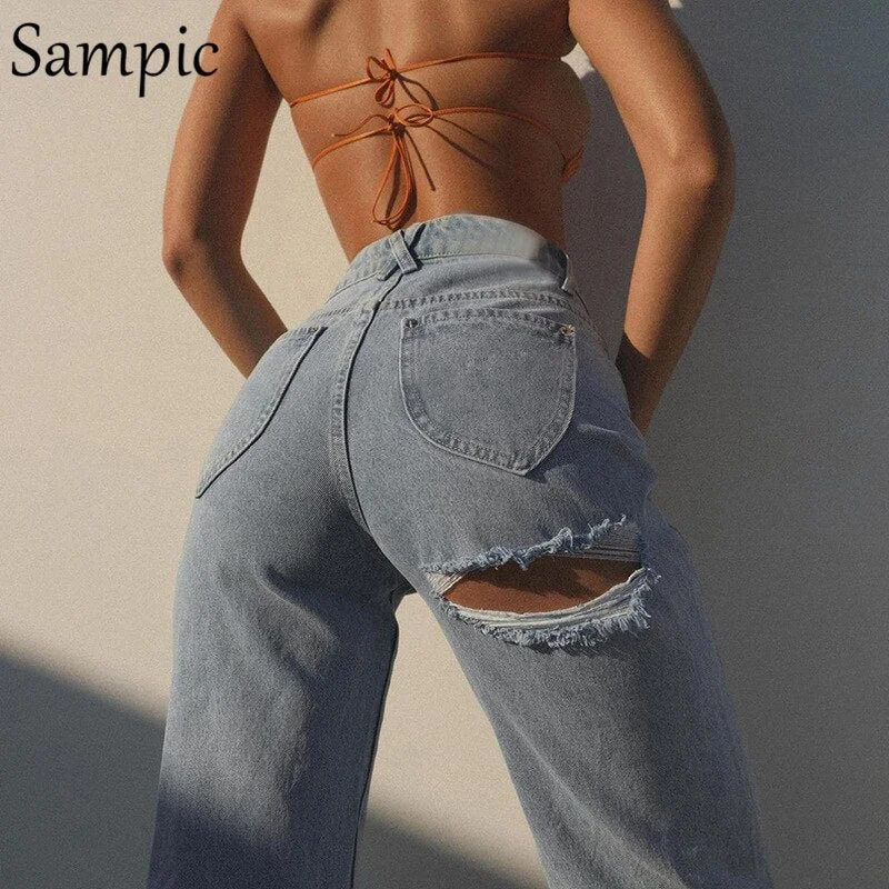 Sampic Harajuku Casual Women Long Summer Y2K Hollow Out High Waisted Pants 2021 90s Korean Fashion Wide Leg Trousers Jeans