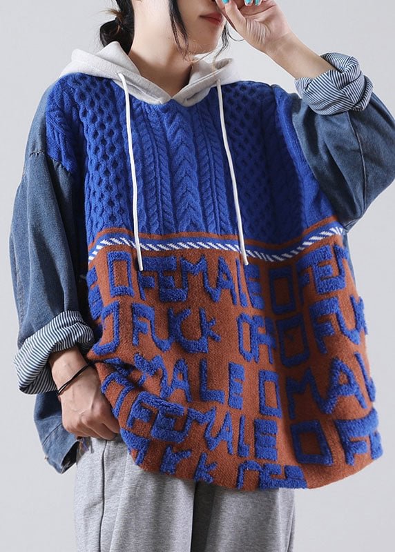 Plus Size Blue Hooded drawstring denim Patchwork Sweater Winter CK3019- Fabulory