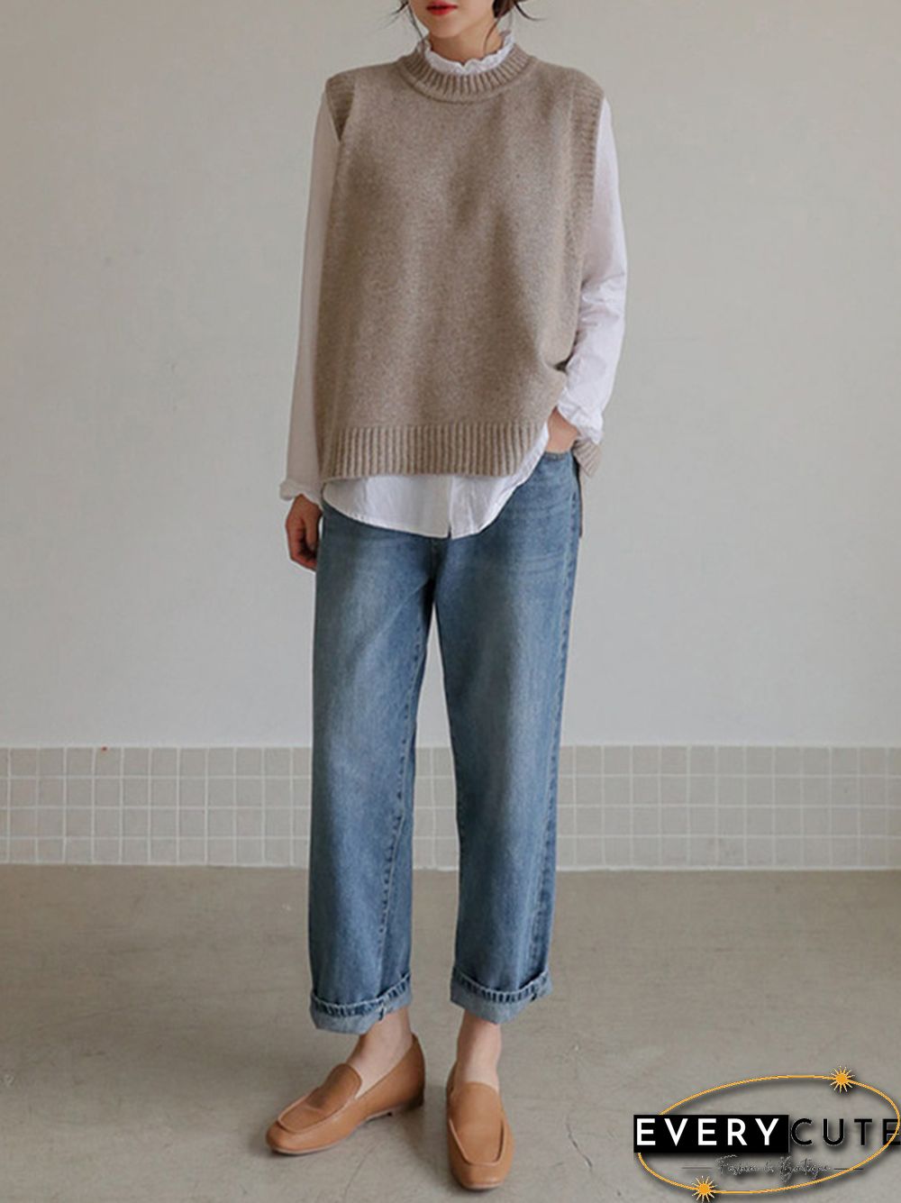 Simple Sleeveless Loose Buttoned Solid Color Round-Neck Sweater Vest Outerwear