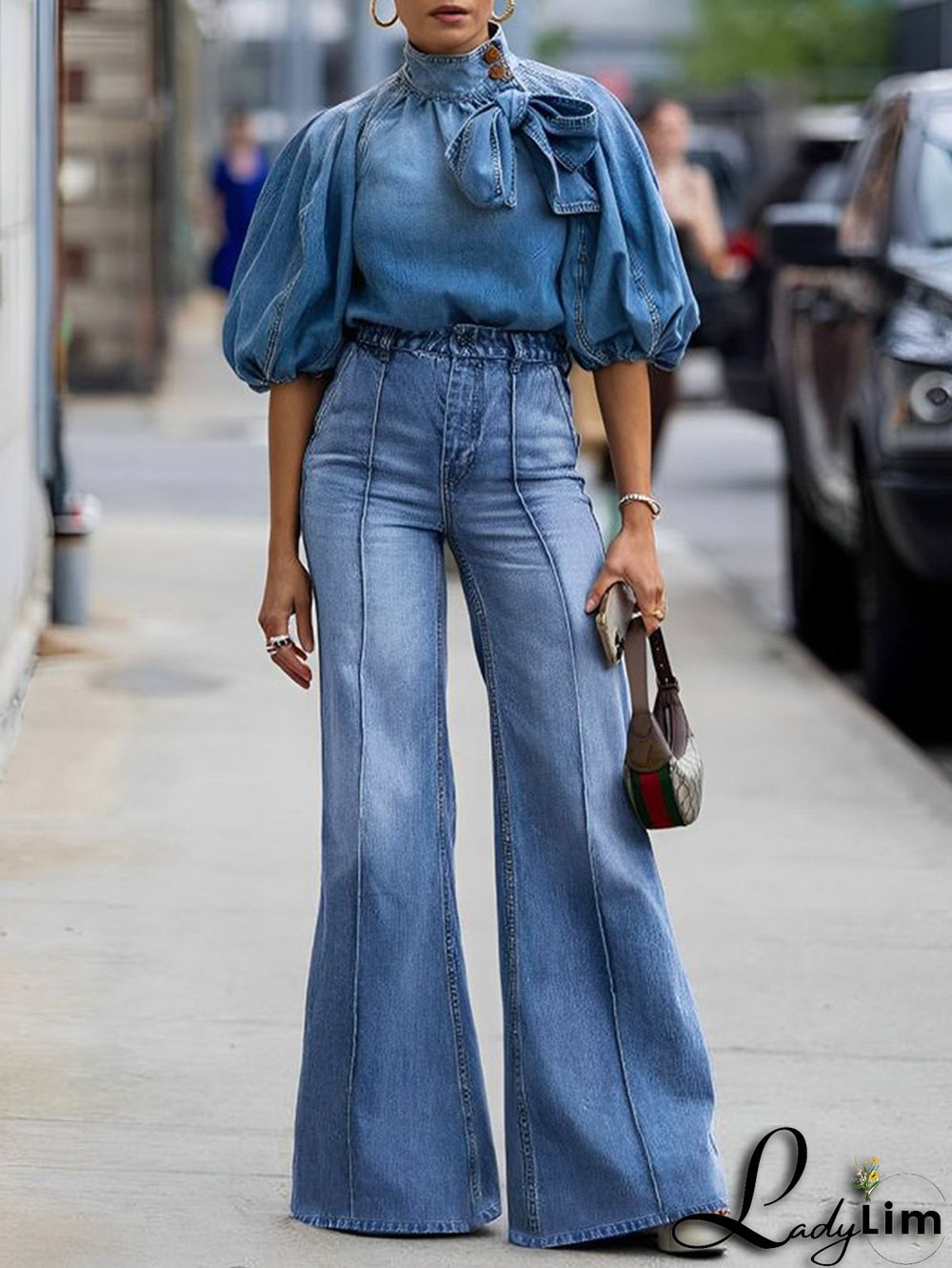 Casual Plain Denim High Waist Wide Leg Long Pants