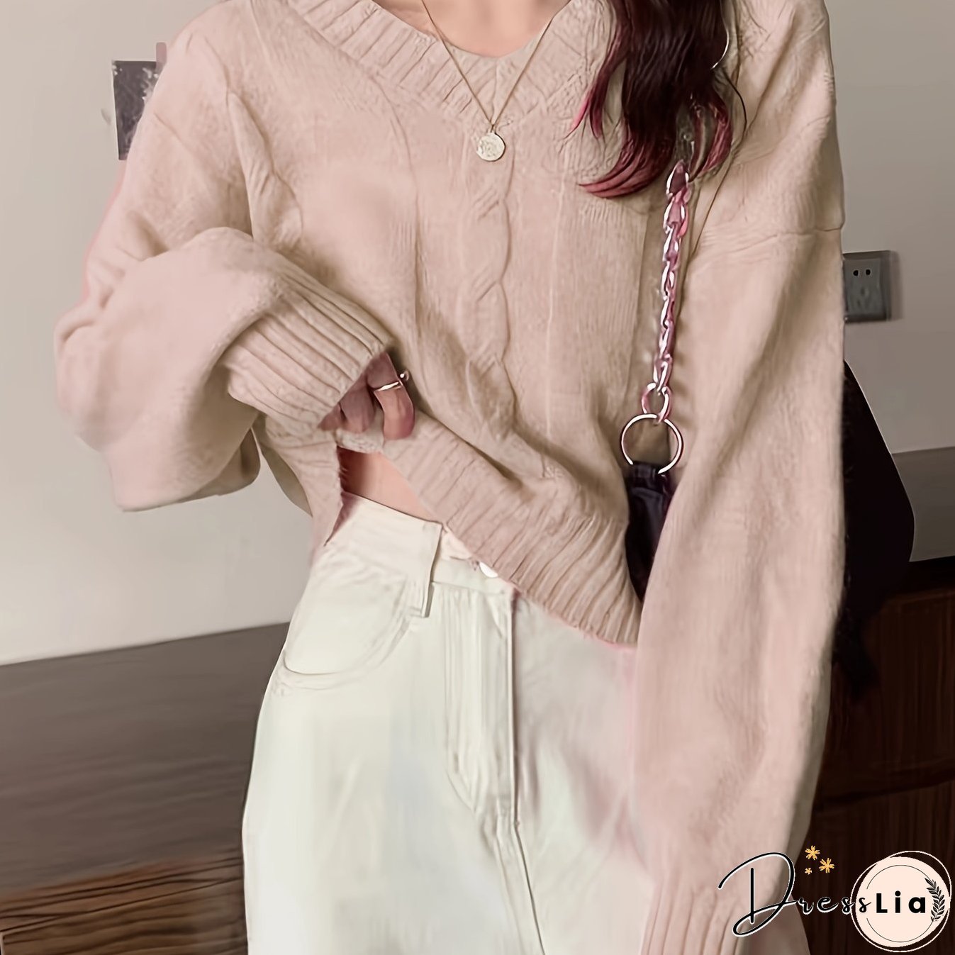 Solid V Neck Cable Knit Sweater, Casual Long Sleeve Pullover Sweater, Women's Clothing