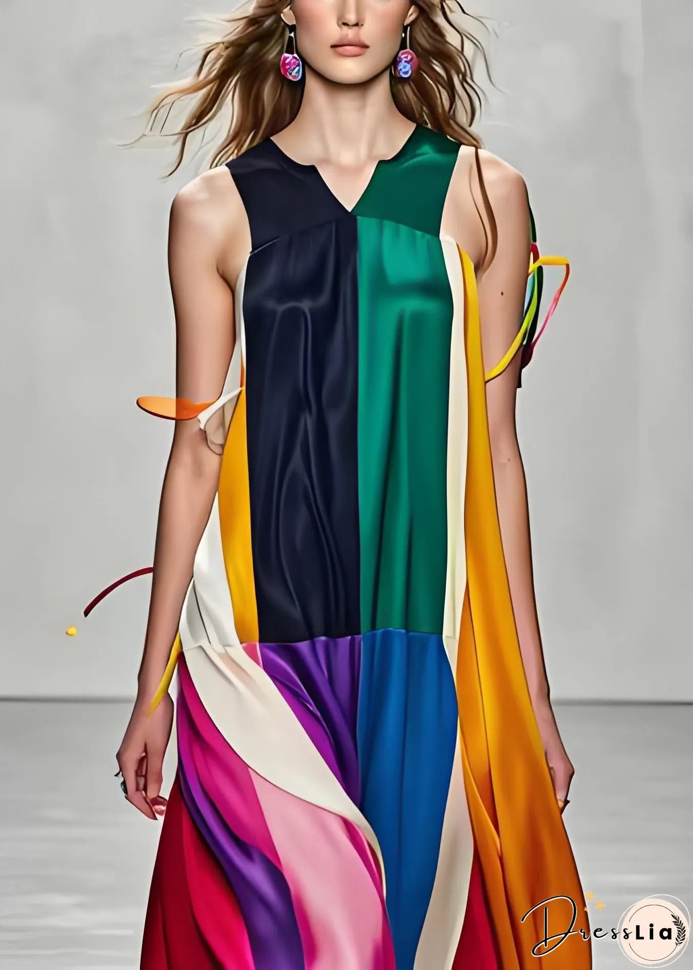Stylish Colorblock V Neck Patchwork Silk Maxi Dress Sleeveless