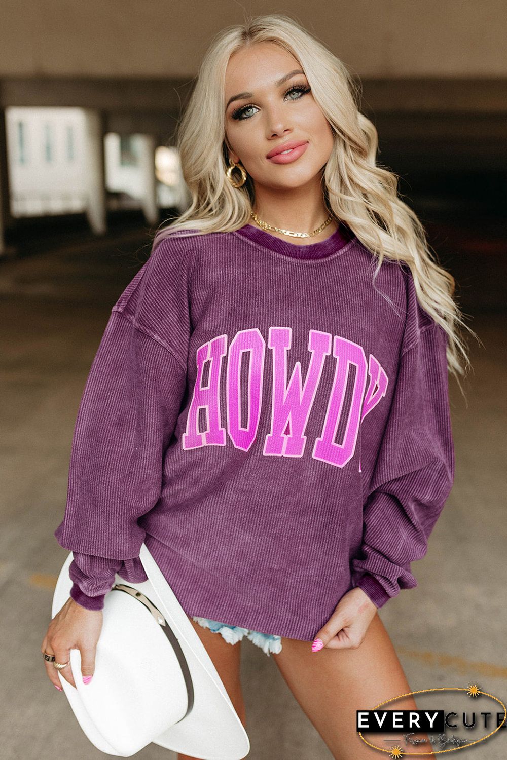 HOWDY Graphic Print Ribbed Casual Sweatshirt