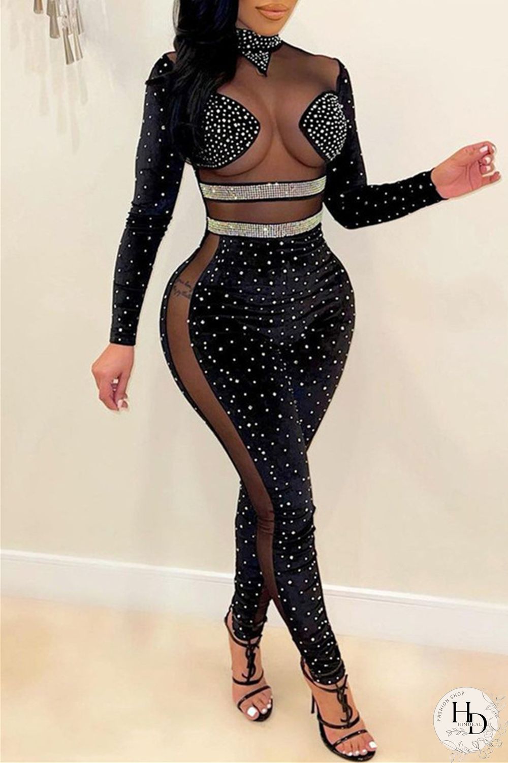 Blue Fashion Sexy Patchwork Hot Drilling Split Joint Turtleneck Skinny Jumpsuits